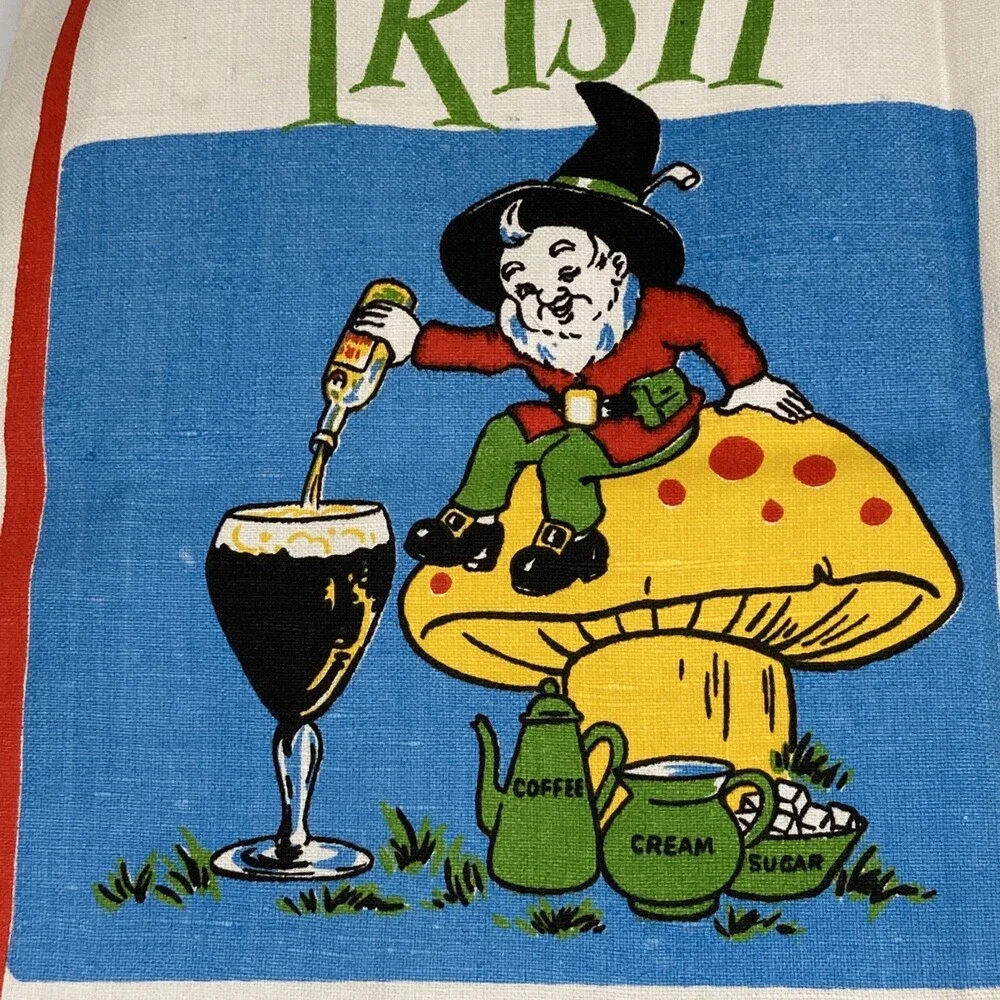 VTG 100% Linen Irish Tea Towel - Coffee Recipes & Elf Soda Bread Design